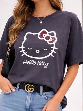 Hello Kitty Black Tee with White Graphic and Red Bow